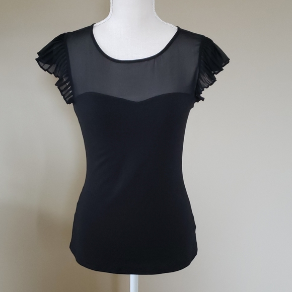 Express Tops - Black blouse with sheer neck and ruffled sleeves